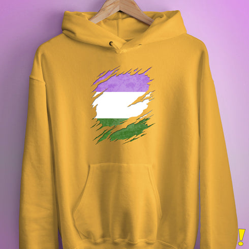 Genderqueer Pride Flag Ripped Reveal Hoodie - Mustard